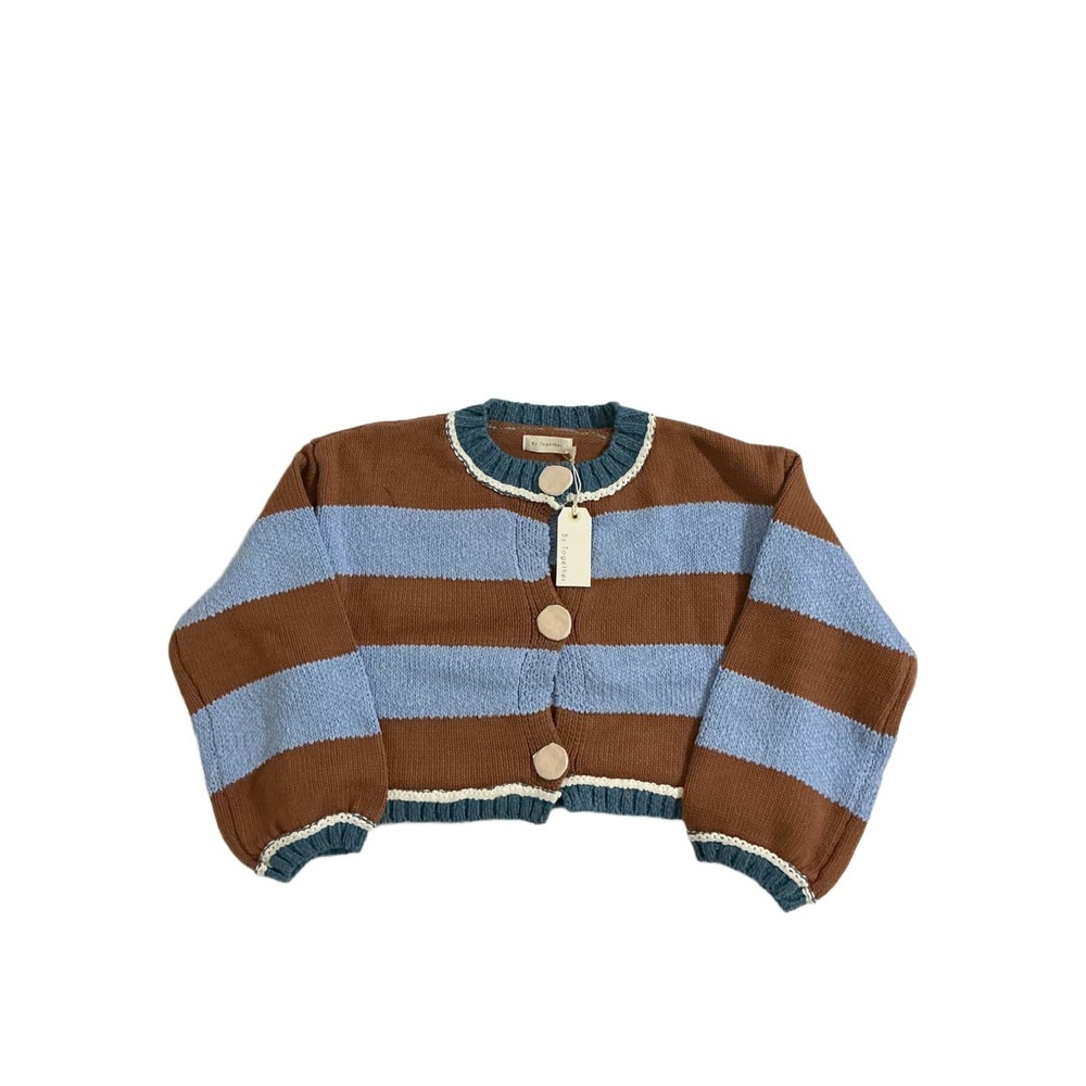 By Together Womens S Cropped Cardigan Brown Blue Striped Chunky Knit Sweater NWT